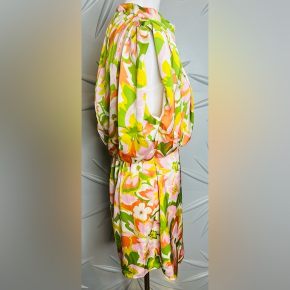 Karlie SZ M orange, green, pink & white romper with drape neck, waist 28”-30”. - Picture 5 of 6